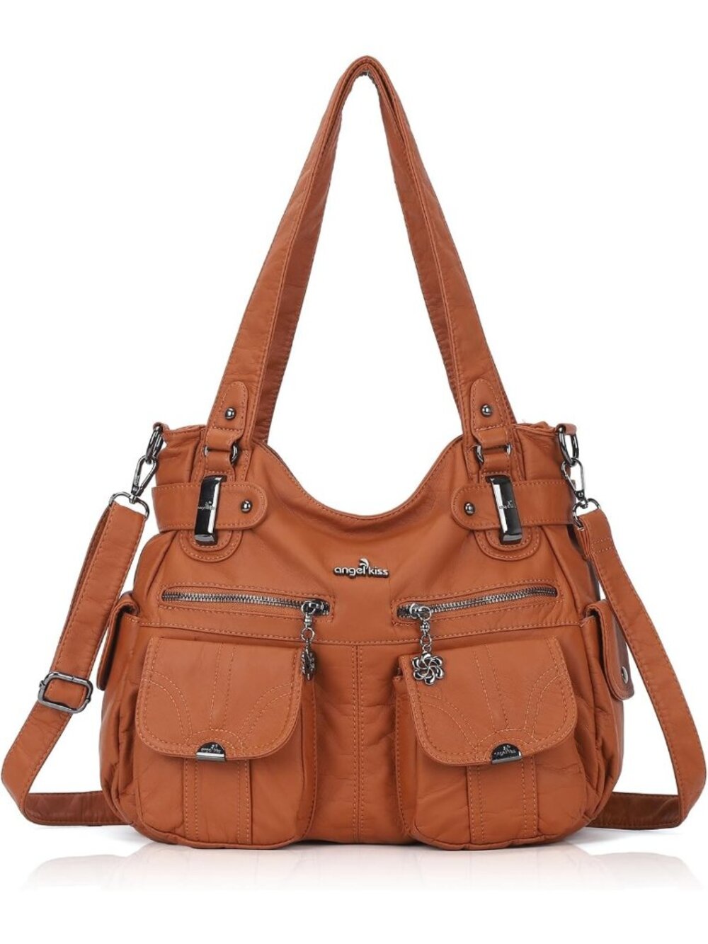 Stylish Women's Large Washed Leather Handbag with Double Zipper & Multi Pockets
